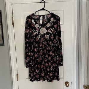 Xhilaration Black Floral Long Sleeve Dress with Pink and Cream Embroidery